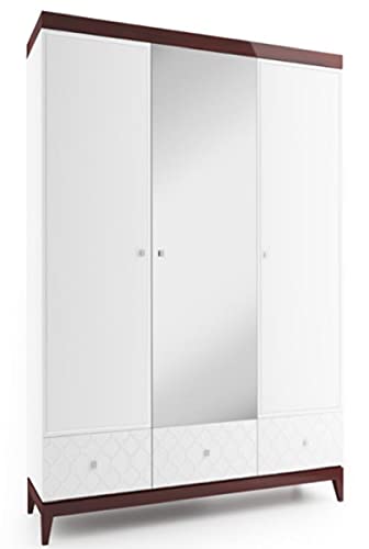 Casa Padrino Luxus Kleiderschrank Weiß/Hochglanz Braun 171,4 x 60 x H. 205 cm - Massivholz Schlafzimmerschrank mit Spiegel - Schlafzimmermöbel