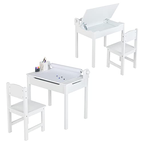 COSTWAY Kinderschreibtisch mit Stuhl, Kindertisch-Set mit klappbarer Tischplatte, Papierrollenhalter, Schülerschreibtisch für Kinder ab 3 Jahren, Ink. Papierrolle & Markern (Weiß)