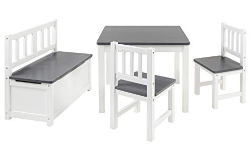 Bomi Kindermöbel Tisch und Stühle | Kindertruhenbank aus Kiefer Massiv Holz | Kindersitzgruppe für Kleinkinder, Mädchen und Jungen in Grau