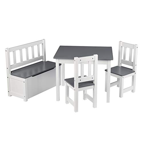 WOLTU Kindertisch mit 2 x Stühle und 1 x Kindertruhenbank, 4tlg. Kindersitzgruppe für Kinder, Vorschüler Kindermöbel,Weiß+Grau
