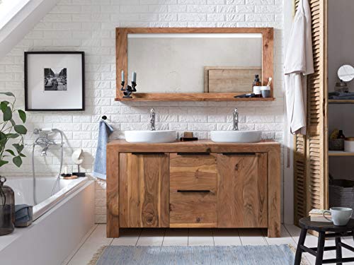 Woodkings® Waschtisch mit Spiegel Badset Auckland Massivholz Waschtischunterschrank für Doppelwaschtisch Badmöbel Badezimmer Möbel Unterschrank Badschrank Wandspiegel Badspiegel