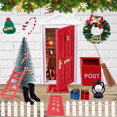 GTHBA Wichteltür Weihnachten Set, Wichteltür Zubehör mit Mini Schlüssel, Miniatur Wichtelhaus Weihnachtsdeko, Weihnachtswichtel Tür Holz, Miniatur Gartenmöbel mit Wichtelbesen, Postfach (Stil 3)