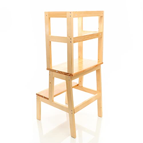 Toboli Lernturm Natur aus Holz 43x40x91cm Kinderstuhl mit Geländer für Sicherheit in Küche usw.