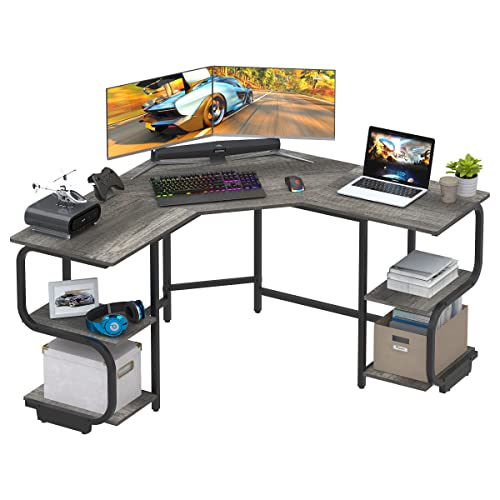 Ulifance L-förmiger Eckschreibtisch mit 4 Reifenregalen, Gaming Schreibtisch mit großem Desktop Bürotisch Computertisch PC Tisch für das Heimbüro Schwarze Eiche