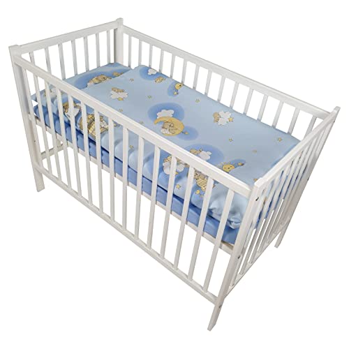 Bello24 - 7 Teiliges Babybett Kinderbett und Bettwäsche komplett Set Happy höhenverstellbar für Neugeborene Babys und Kleinkinder aus Massivholz in fantastischen Farben (Blau Teddybär auf Leiter)