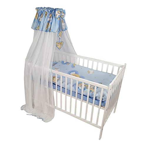 Bello24 - 11 Teiliges Babybett Kinderbett und Bettwäsche komplett Set Happy höhenverstellbar für Neugeborene Babys und Kleinkinder aus Massivholz (Blau - Teddybär auf Leiter)