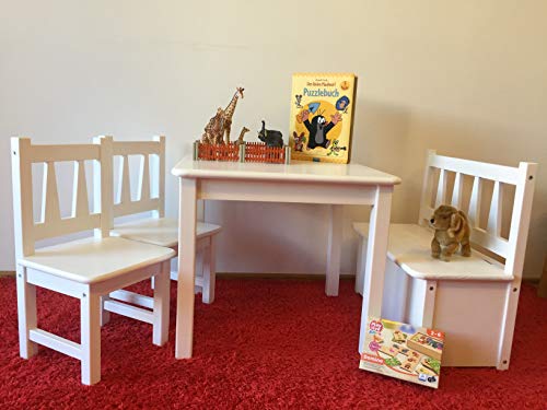Kindersitzgruppe Holz 1x Kindertisch 2X Kinderstuhl 1x Kindersitzbank Weiß Massivholz