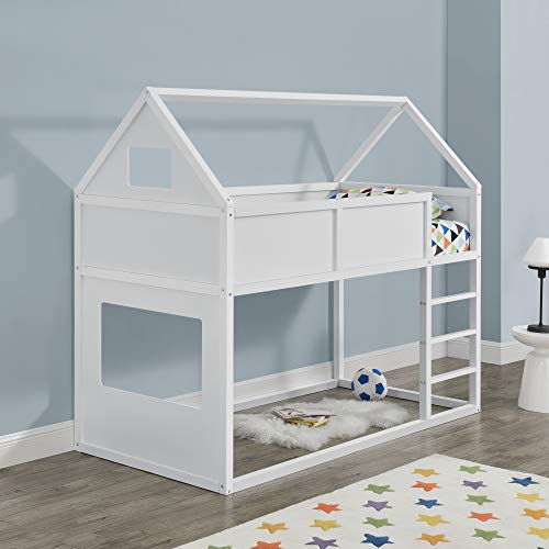 Kinder Hochbett mit Leiter 90x200cm Etagenbett mit Lattenrost Haus-Optik Bettenhaus für Jugendliche Hausbett aus Holz Kinderbett in weiß