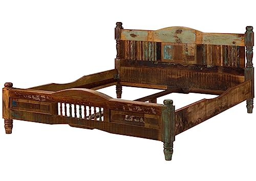 Massivmoebel24.de Bett 180x200 Fable aus Altholz, Holzbett Vintage aus Massivholz, Doppelbett mit hohem Kopfteil