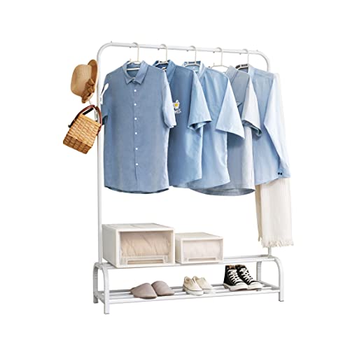 WEASHUME Kleiderständer, Garderobenständer Stabil Kleiderstange mit 6 Haken und 2 Unterer Ablage, Freistehender Kleiderbügel Schlafzimmer Kleiderständer, Weiß