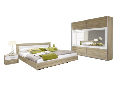 Rauch Möbel Venlo Schlafzimmer, Eiche Sonoma / Weiß, bestehend aus Bett mit Liegefläche 180x200 cm inkl. 2 Nachttische und Schwebetürenschrank BxHxT 226x210x62 cm