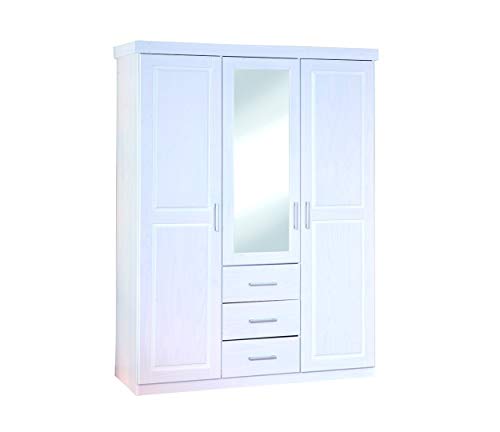 Inter Link - Kleiderschrank - Drehtürenschrank - Spiegelschrank - Garderobenschrank - 3 Türen - 3 Schubladen - Kiefer massiv - Geraldo - Weiß lackiert