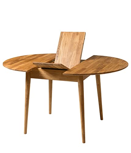 Nordic Story Esstisch Scandi 5 (rund, ausziehbar) • Tisch für Küche, Esszimmer & Wohnzimmer • Massivholz (Eiche) • Eiche Natur • Runder Ausziehtisch (110 145 x 110 x 75 cm)