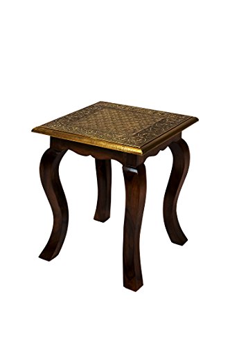 Marokkanischer Beistelltisch Couchtisch aus Holz massiv Anum 40 cm | Vintage Tisch aus Massivholz mit Messing verziert für Ihre Wohnzimmer | Niedriger Orientalischer Sofatisch Braun