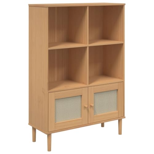 vidaXL Bücherregal, Bücherschrank mit viel Stauraum, Regal Standregal mit Türen Rattan-Optik, Holzregal Aktenregal für Wohnzimmer Büro, Braun Massivholz Kiefer