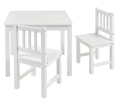 Bomi Kindertisch mit 2 Stühlen Amy | abgerundete Ecken und Kanten | aus Kiefer Massiv | Holz sitzgruppe Kind | für Kleinkinder, Mädchen und Jungen Weiß