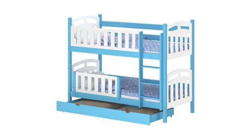 WNM Group Hochbett mit Rausfallschutz und Schublade Suzie - aus Massivholz - Hochbett Kinderbett für Mädchen und Jungen - Absturzsicherung Hochbett - Kinderhochbetten 180x90 cm - Blau
