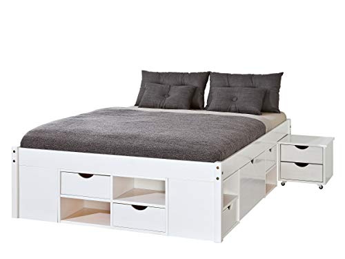 Funktionsbett | Stauraumbett | Bett mit Schubladen | Kiefer massivholz| Farbe Weiß lackiert |Für Erwachsene, Kinder, Jungendliche | Doppelbett | Bett mit Rost | Till Bett 140 x 200 cm