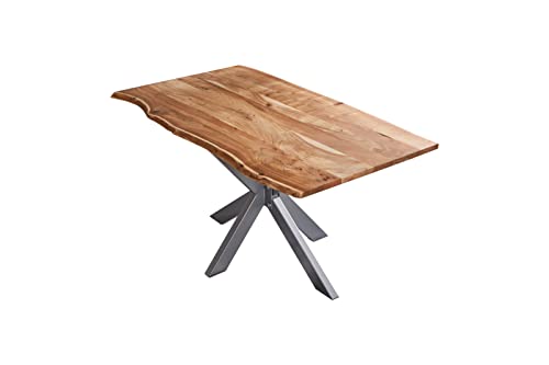 SAM Esstisch 140x80cm Benni, Akazienholz massiv + naturfarben, echte Baumkante, Baumkantentisch mit Spider-Metallgestell Silber, Esszimmertisch mit Tischplatte 26mm, FSC® 100% Zertifiziert