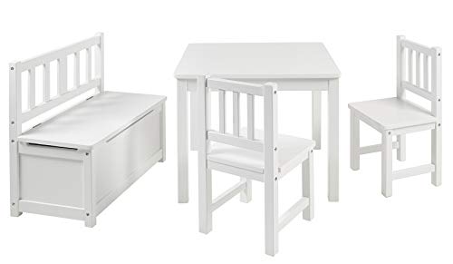 Bomi Kindertisch mit 2 Stühle mit integrierter Spielzeugkiste | Kindertruhenbank aus Kiefer Massiv Holz | Kindersitzgruppe für Kleinkinder, Mädchen und Jungen Weiß