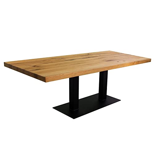 Esstisch Esszimmertisch Massivholz Wildeiche 200x100 cm CAJAR mit 6 cm Tischplatte massiv, Massivholztisch mit schwarz lackierten Tischbeinen. Holztisch Säulentisch Eiche geölt, Industrial Design