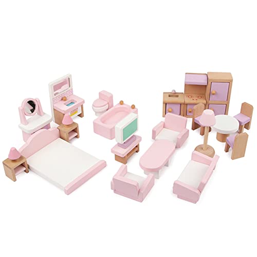 Puppenhaus Möbel Puppenhaus Zubehör Möbel aus Holz 22-teilig, Rosa Puppenhaus aus Holz DIY Puppen Haus Spielzeug für Mädchen ab 3 Jahren enthalten Badezimmer Schlafzimmer Wohnzimmer Puppenküche
