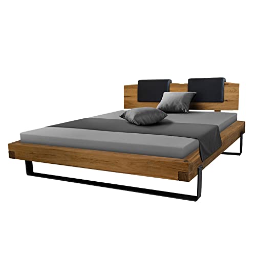 Bettgestell Massivholz Bett 200x200 cm FRENJA Eiche Holz Bettrahmen Balkenbett Eichenbett Wildeiche mit Kopfteil, Echtholz massiv geölt, Bettfuß schwarz Metallkufen Flachstahl, Industrial Stil, modern