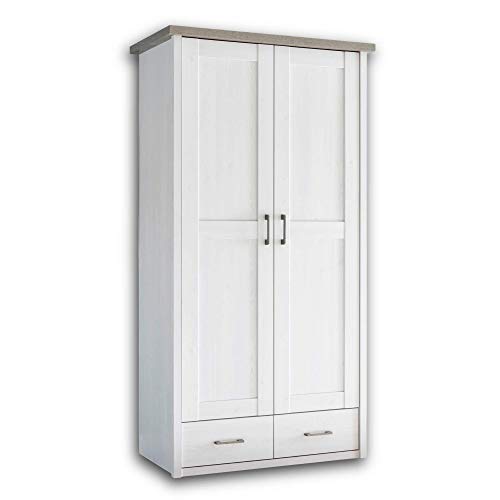 LUCA Eleganter Kleiderschrank Babyzimmer 2-türig - Vielseitiger Drehtürenschrank mit viel Stauraum in Pinie Weiß / Trüffel - 106 x 201 x 55 cm (B/H/T)