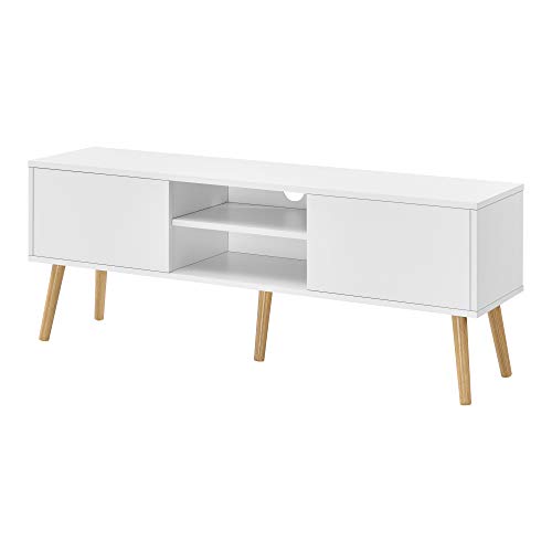 [en.casa] Fernsehtisch Eskilstuna 120 x 29,5 x 46,5 cm TV Lowboard 20 kg mit Schranktüren und Ablagefächern Spanplatte Massivholz Weiß