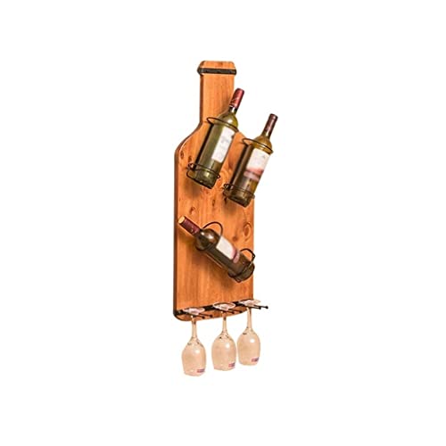 Weinregal Wandmontierter Weinregal, Retro-Weinglashalter, Massivholz-Racks, 3 Weinflaschenräume und Hang 3 Becher auf den Kopf Für Küchenarbeitsplatte Pantry Kühlschrank Barkell (Color : Brown)