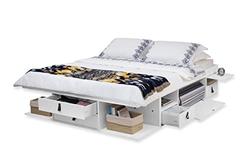 Funktionsbett Bali 160x200 Weiss - Schrankbett mit viel Stauraum und Schubladen, optimal für kleine Schlafzimmer - Bett mit Aufbewahrung aus Massivholz Weiss lackiert, Schubladenbett inkl. Lattenrost