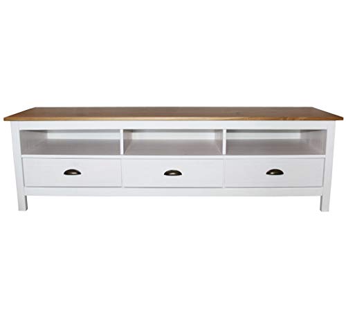 KMH TV Schrank Lowboard Sven im modernen Design aus Massivholz gefertigt weiß/braun - Fernsehschrank TV Tisch TV Board Unterschrank mit 3 Schubladen