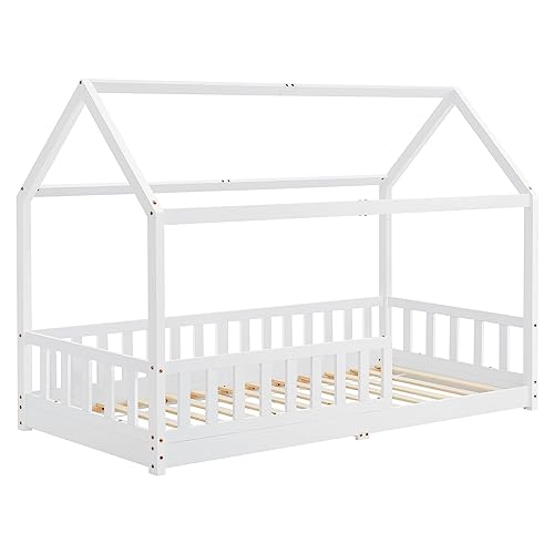 Juskys Kinderbett Marli 90 x 200 cm mit Rausfallschutz, Lattenrost und Dach - Massivholz Hausbett für Kinder - Bett in Weiß