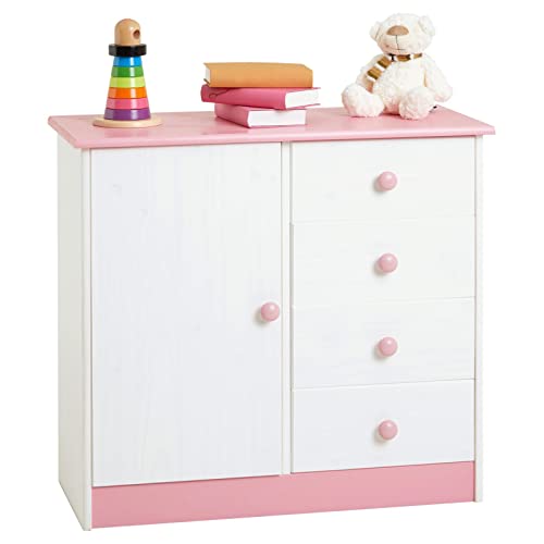 IDIMEX Kommode Rondo in weiß/rosa mit 4 Schubladen und 1 Tür, Schubladenschrank aus Kiefer im Landhausstil