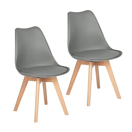 EGGREE 2er Set Esszimmerstühle Skandinavisch Küchenstuhl Stühle Modern mit Massivholz Eiche Bein und Kunstlederkissen, Grau
