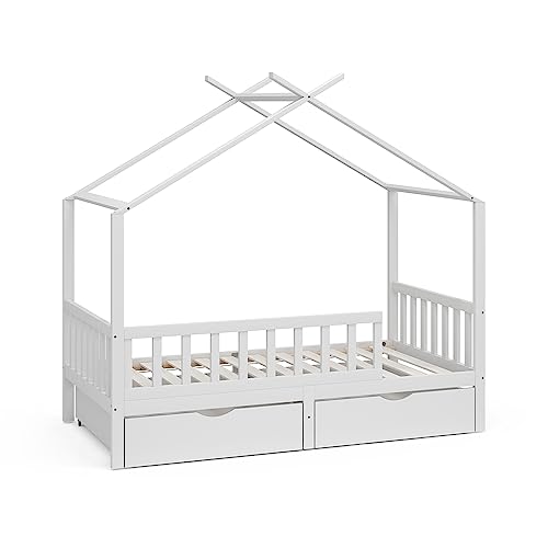 Oskar-Store Livinity Kinderbett Hausbett Einzelbett Franka Weiß modern Kinderzimmer Bett Bettschublade Lattenrost Rausfallschutz (160 x 80 cm ohne Matratze)