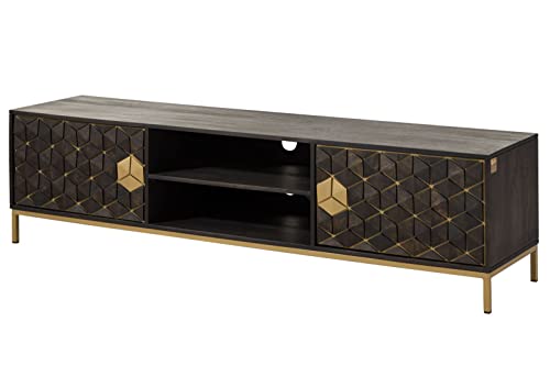 MASSIVMOEBEL24.DE Diamond TV-Board Mango 190 cm, grau geöltes Massivholz, massives Lowboard mit 2 Kabelführungen, 2 Türen, 2 offenen Fächern, Push-to-Open Technik, goldene Ornamente und Eisengestell