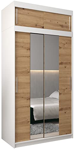 Kryspol Schwebetürenschrank Tokyo 1-120 cm mit Spiegel Kleiderschrank mit Kleiderstange und Einlegeboden Schlafzimmer- Wohnzimmerschrank Schiebetüren (Weiß + Artisan Eiche mit Erweiterung)