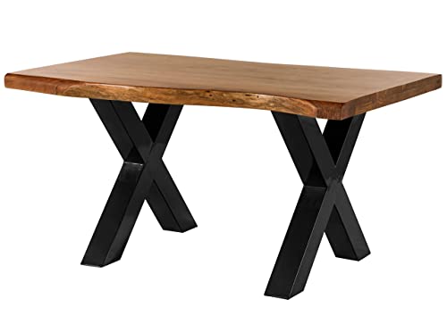 MASSIVMOEBEL24.DE | Freeform 5 Baumkantentisch aus Massivholz - Natur | 160x90 cm | Metallbeine X-Form anthrazit glänzend | aus Akazienholz | Esstisch echte Baumkante