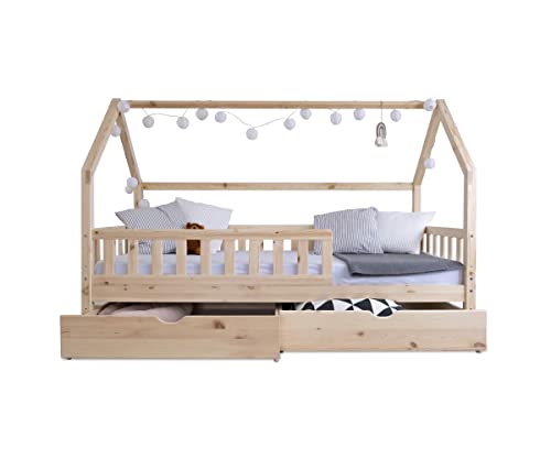 Ehrenkind® Hausbett Royal | Kinderbett mit Rausfallschutz | höhenverstellbar Massivholz inkl. Lattenrost | 160x80cm Natur mit Schubladen