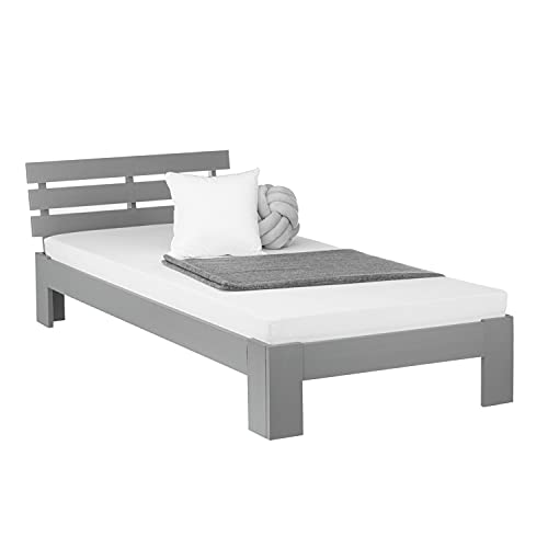 Homestyle4u 2035, Einzelbett Holzbett 90x200 mit Lattenrost Grau Kiefer Bett Bettgestell Massivholz