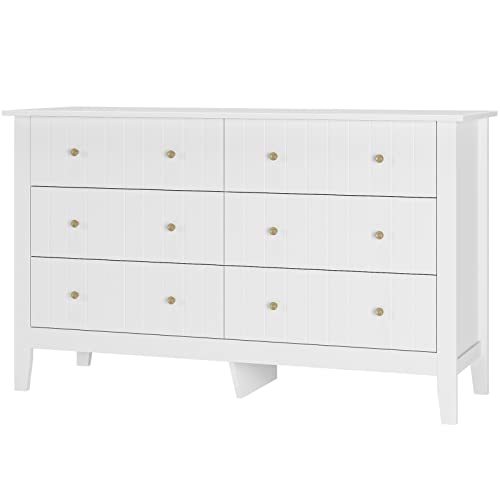 FOREHILL Kommode weiß mit 6 Schubladen, 133cm breit Sideboard Holz, Mehrzweckschrank, 133x45x79,5cm