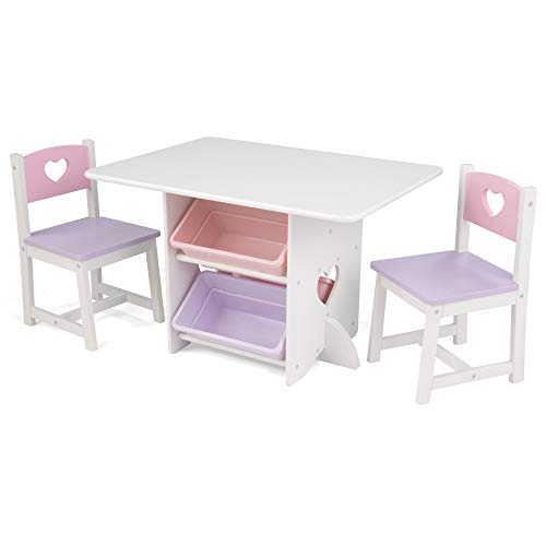 KidKraft Herz Kindertisch mit Stauraum und 2 Stühlen aus Holz - Kindersitzgruppe mit Aufbewahrungsbox, Kinder Tisch Stuhl Set, Kinderzimmer Möbel, 26913