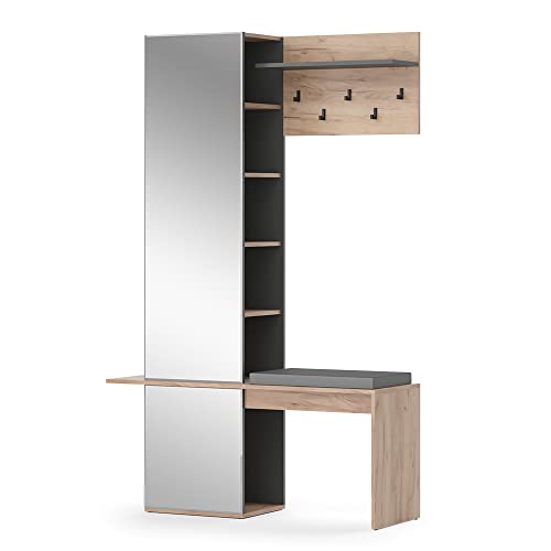 Vicco Flurgarderobe Dielengarderobe Garderobe Adeline Eiche Anthrazit Modern Sitzbank 120x190 cm Schlafzimmer Garderobenspiegel Kleiderhaken Garderobenablage Fach Regal