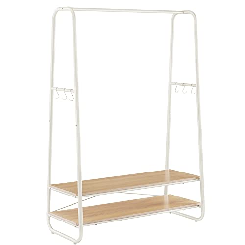 VASAGLE Kleiderständer, Garderobenständer, Garderobe, 2 Ablagen, 6 Haken in S-Form, Stahlgestell, für Schlafzimmer, Flur, Eingangsbereich, eichenfarben-cremeweiß RGR112W09