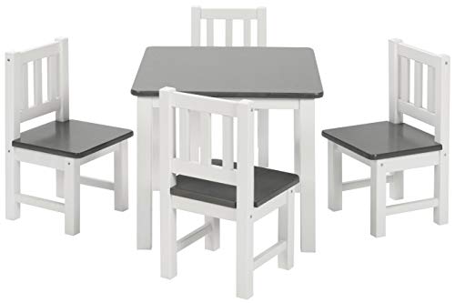 Bomi Kinderecke Wartezimmer | 4 Stühlchen Baby mit Tisch Amy aus Kiefer | Massiv Holz | Zeitlose Tischgruppe für das Kinderzimmer | Grau Weiß