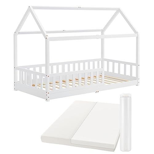 Juskys Kinderbett Marli 90 x 200 cm mit Matratze, Rausfallschutz, Lattenrost & Dach - Massivholz Hausbett für Kinder - Bett in Weiß