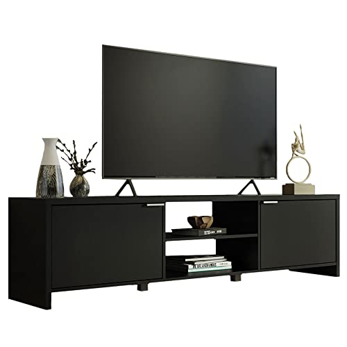 Madesa TV Schrank, Modernes TV Lowboard mit 2 Türen für Wohn- und Schlafzimmer für TV bis 75 Zoll, 180 x 39 x 47 cm, aus Holz - Schwarz