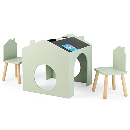 COSTWAY 3TLG. Kindersitzgruppe, Zeichentisch & 2 Stühle mit Tafel-Tischplatte & Stuhlbeinen aus Massivholz, Kindermöbel-Set für Kinderzimmer, Spielzimmer, Kindergarten (Grün)