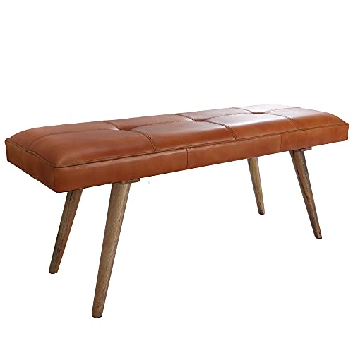 FineBuy Sitzbank Ziegenleder/Massivholz Bank 117 x 51 x 38 cm Retro Stil | 2er Polsterbank Flur | Gepolsterte Lederbank Esszimmer braun | Kleine Bettbank Echtleder | Dielenmöbel Flurbank